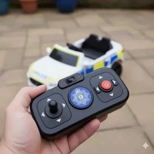 A handheld 2.4G parental remote control used to steer a kids' police ride-on car.