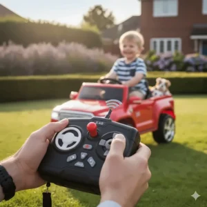 A parent using a 2.4G wireless remote control to guide a kids' pickup truck ride-on for extra safety.