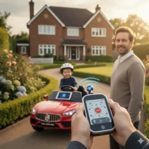 A parent holding a 2.4Ghz remote control used to guide the red ride-on car for added child safety in a garden setting.