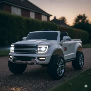 Front view of a white pickup truck ride-on with bright LED headlights and realistic chrome grille.