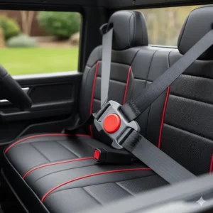 Close-up of an adjustable safety seat belt inside a children's pickup truck ride-on toy.
