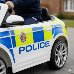 Close-up of yellow and blue high-visibility Battenburg markings on a toy police car.