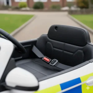 Detail shot of an adjustable safety seat belt inside a 12V battery-powered police car for kids.