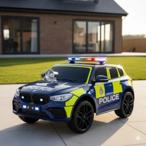 A British style police patrol ride on car with working lights and sirens, fitting a £300 budget.