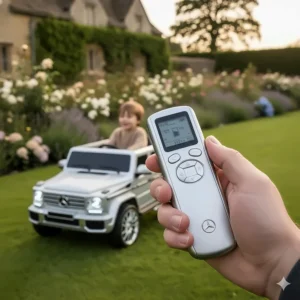 A handheld parental remote control used to steer a luxury ride on car for added safety.