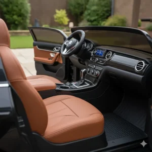 Interior view of a premium ride on car with opening doors, featuring a leather seat and MP3 player input.