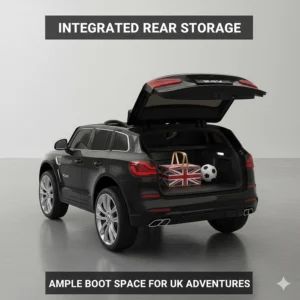 An illustration of the opening rear boot storage of a ride-on car, containing a picnic basket and a football.