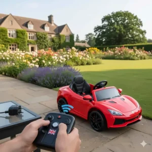 A handheld 2.4G parental remote control used to steer a battery-powered toy car for safety.