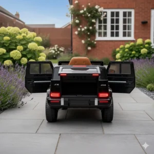Rear profile of a kids' electric car showing the opening doors and realistic LED tail lights.