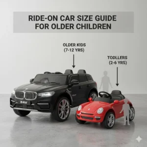 A size comparison chart showing a large ride-on car for older kids next to a standard model for toddlers.