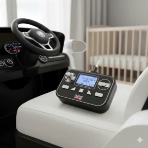 A 2.4G Bluetooth parental remote control sitting on the seat of a white ride on toy car.