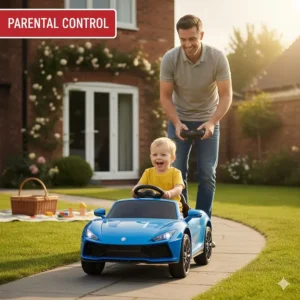 A parent using a handheld remote control to guide a cheap ride on car for a small child.
