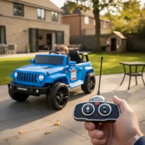 Close-up of a parental remote control used with a kids electric car, a key safety feature for UK parents.