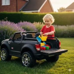 A child loading garden toys into the opening tailgate and storage boot of a black pickup truck ride-on.