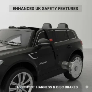 Technical view of a three-point safety harness and mechanical disc brakes on a large electric vehicle for kids.