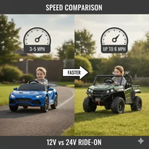 Illustration showing the average speeds of 12V cars (3-5mph) versus 24V ride-ons (up to 6mph) for UK parents.