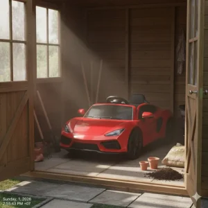 A compact electric toy car parked neatly in a hallway or garden shed for storage.