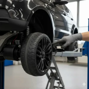 Technical close-up of the spring suspension system and alloy-style wheels on a kids' SUV off-roader.
