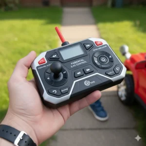 A person holding a 2.4G parental remote control used to operate a red SUV ride-on car on a garden path.