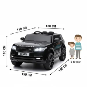A dimension graphic showing the length, width, and height of the SUV ride-on car in centimetres with a height comparison guide.
