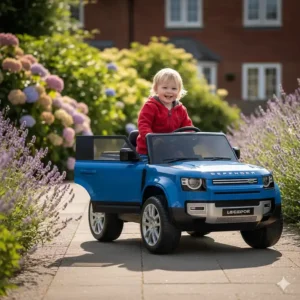 A three-year-old child easily stepping into a ride on car through the functional opening side door.