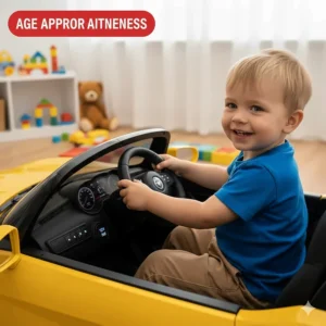A 3-year-old child sitting in a 12V cheap ride on car suitable for ages 3 to 6 years.