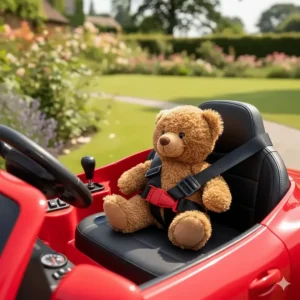 Close-up of an adjustable safety seat belt and comfortable bucket seat inside a 3-year-old’s toy car.