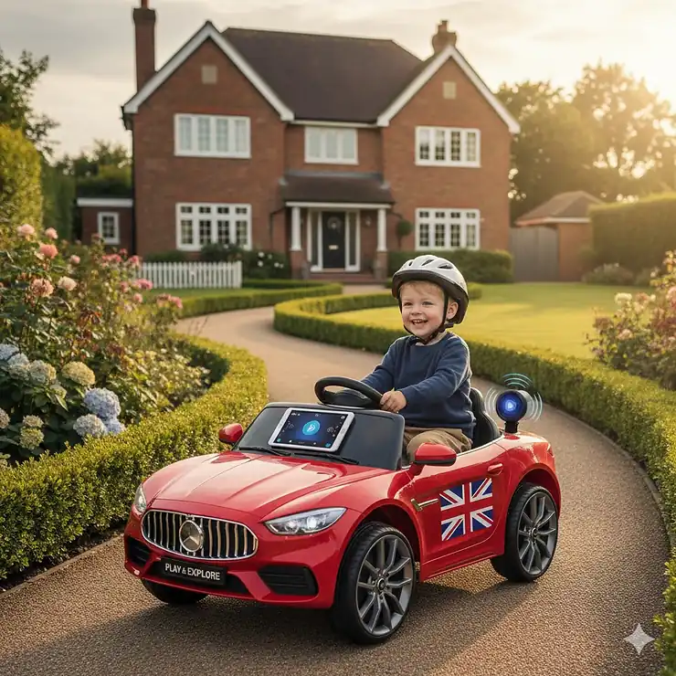 A young child wearing a safety helmet driving a red electric ride-on car with Bluetooth connectivity on a paved garden path in front of a British home. ride on car with bluetooth