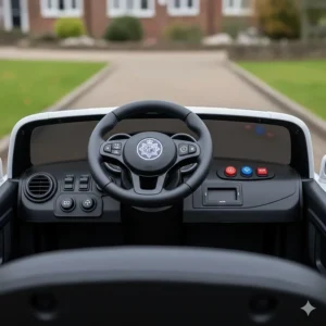 Interior view of a police ride-on car dashboard featuring a working horn, siren buttons, and USB port.