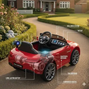 A technical X-ray style illustration showing the dual motor system, Bluetooth receiver, and reinforced chassis of a children's car.