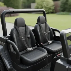 Interior view of a spacious two-seater 4WD electric car with adjustable safety belts for two children.