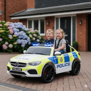 A larger 12V two-seater police ride-on car designed for siblings to play together.
