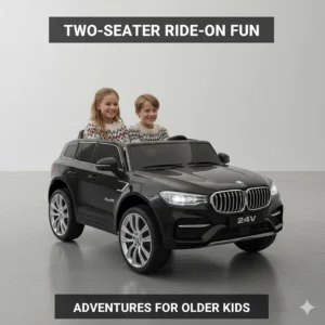 Two older children sitting side-by-side in a spacious two-seater electric ride-on SUV.