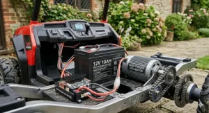 Internal view of the 12V rechargeable battery and high-torque motors under the chassis of a Polaris RZR style kids electric car.
