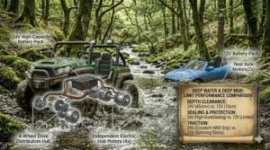A blue 12v ride-on car stuck in deep silt next to a 24v 4wd buggy that has successfully crossed a forest river.