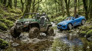 A 24v 4wd buggy successfully navigating a stony forest creek while a 12v model struggles on the slippery moss-covered bank.