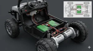 Technical diagram showing the high-performance 24v battery and dual-motor rear-wheel-drive system of the ride on buggy.
