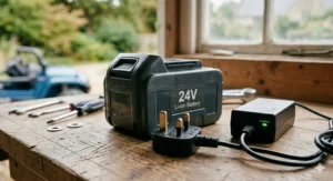 The 24V rechargeable battery pack and UK 3-pin plug charger included with the kids' electric buggy.