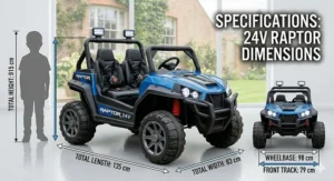 A technical size guide showing the height, width, and length of the 24v ride on buggy in centimetres for UK consumers.