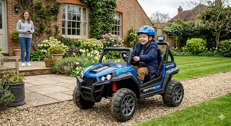 A child driving a blue 24v ride on buggy with chunky off-road tyres in a traditional British garden setting with brickwork and stone paving. 24v ride on buggy