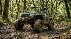 High-detail close-up of a green 24v 4wd buggy showing the rugged all-terrain tyres and independent electric hub motors.