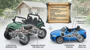 Technical illustration showing the internal 4wd motor distribution of a 24v buggy versus the 2-wheel drive system of a 12v car.