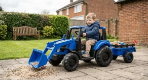 Young boy in a winter jacket driving a blue 4x4 style ride-on car on a dirt path in a British garden.
