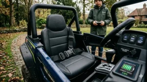 Close-up of a 24v buggy's adjustable seatbelts and parent remote control override system for enhanced safety.