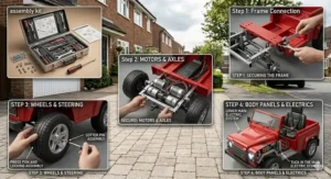 A step-by-step assembly guide showing a person using a spanner and screwdriver to put together a red ride-on car on a driveway.