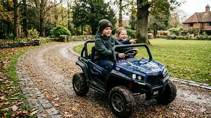 A young boy driving a powerful 24v electric buggy across a grassy British garden, showcasing the best off-road model for 8-year-olds. which 24v buggy is best for 8 year old