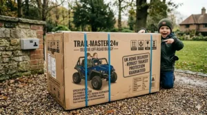 A large, well-packaged 24v buggy box ready for UK home delivery, emphasising robust transit protection.