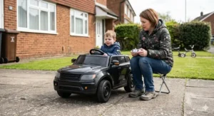 Children's black and white police style ride-on car with emergency 999 decals on a British residential driveway.