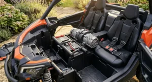 Wide-angle view of the Can-Am Maverick ride-on with side doors open, showcasing the easy access to the two-seater cabin.