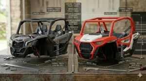 A scale comparison showing the width and length of the Can-Am Maverick and Polaris RZR for kids.